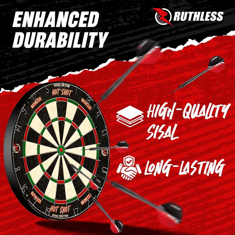 Ruthless Hot Shot Dart Board | Endurance Round Wire Sisal Dartboard Set Including 2 sets of Steel Tip Darts - Image 2
